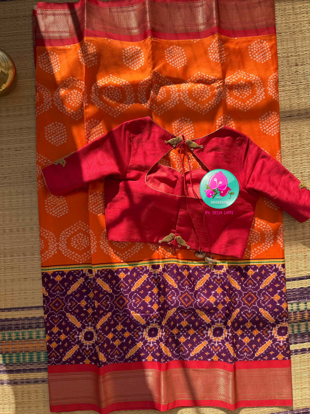 The Heritage Harmony: Pure Silk Bandhani & Patola Printed Saree Fusion with Artisan Bird Blouse