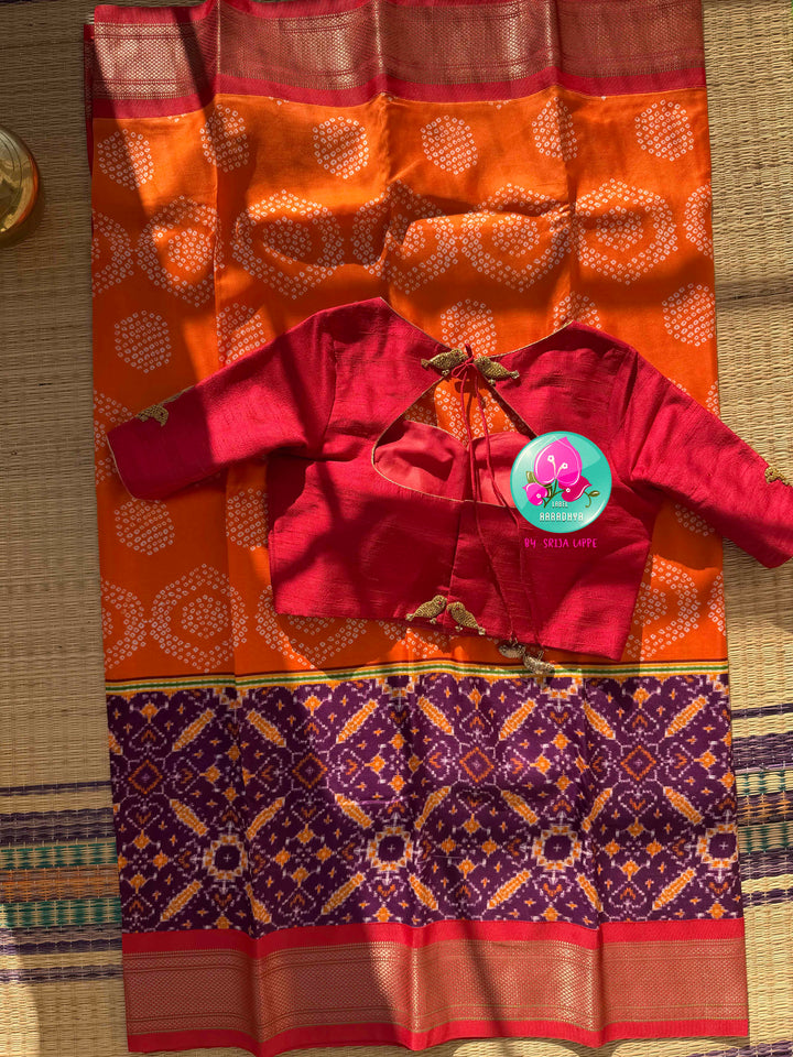 The Heritage Harmony: Pure Silk Bandhani & Patola Printed Saree Fusion with Artisan Bird Blouse