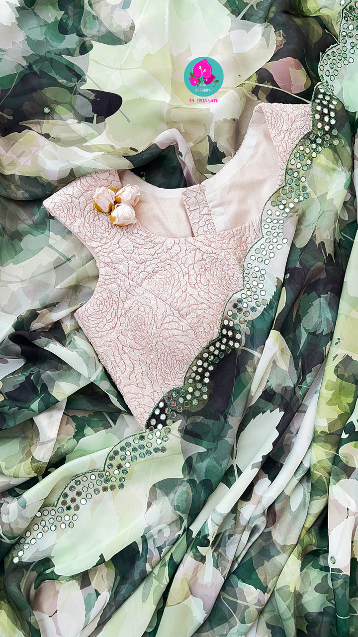 Soft crape saree with foil mirror hand embroidery
