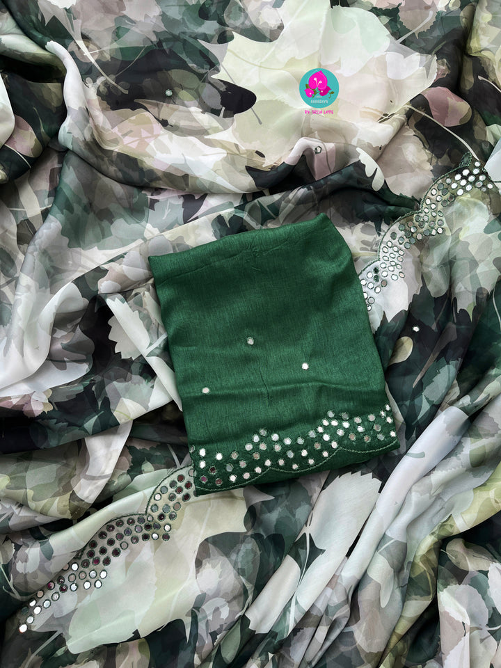 Soft crape saree with foil mirror hand embroidery