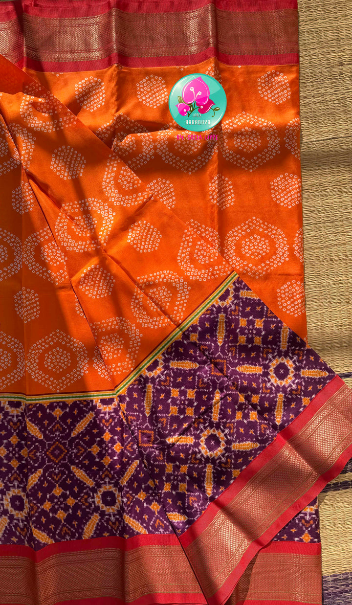 The Heritage Harmony: Pure Silk Bandhani & Patola Printed Saree Fusion with Artisan Bird Blouse