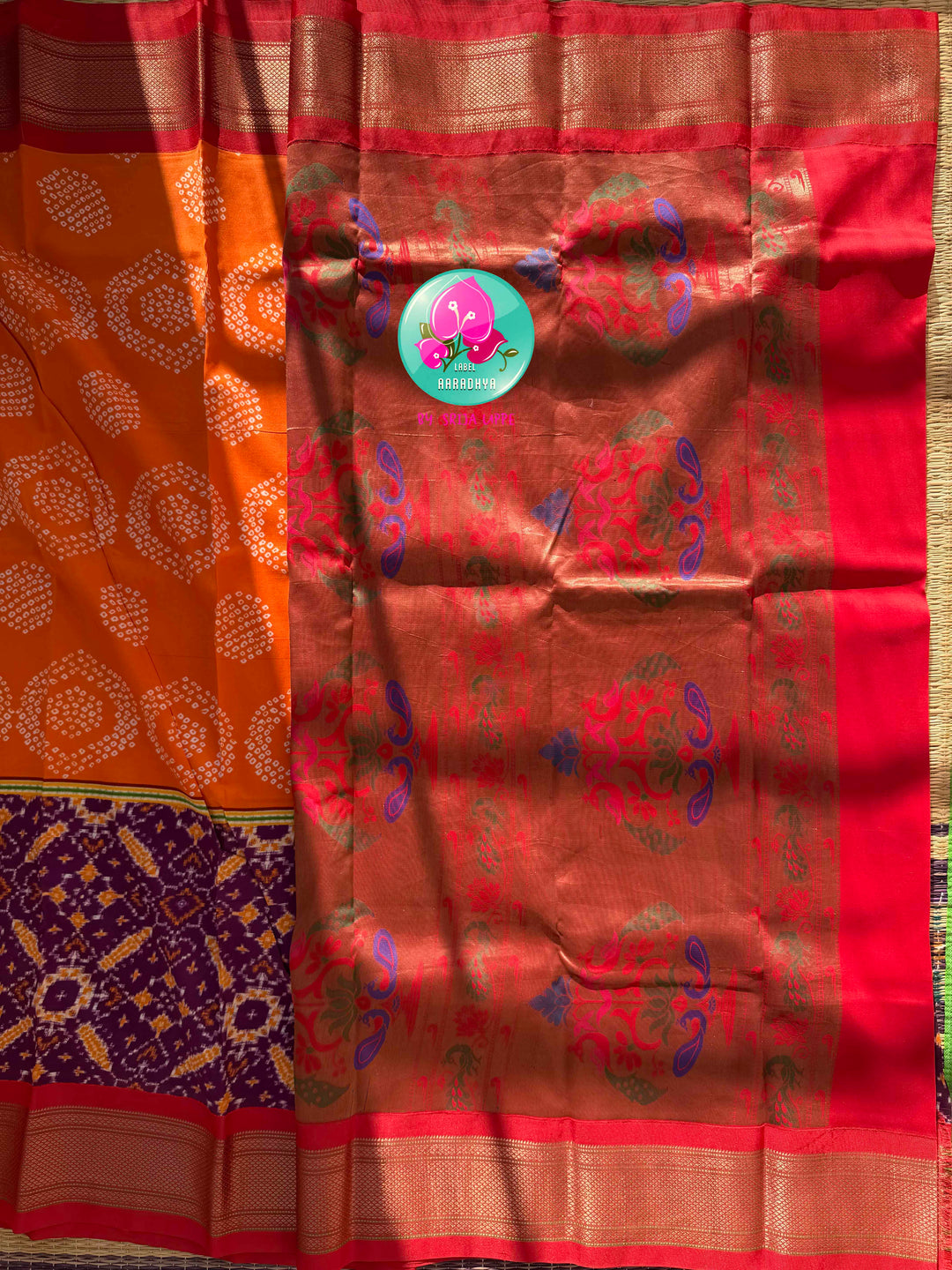 The Heritage Harmony: Pure Silk Bandhani & Patola Printed Saree Fusion with Artisan Bird Blouse