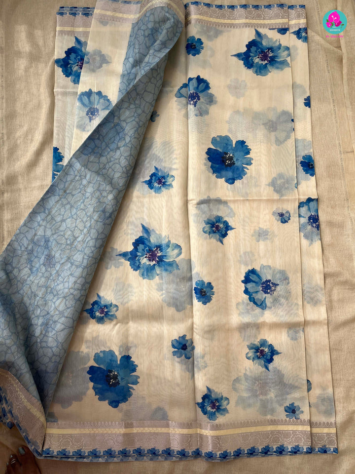 Offwhite semi tussar silk saree peter pan collared blouse