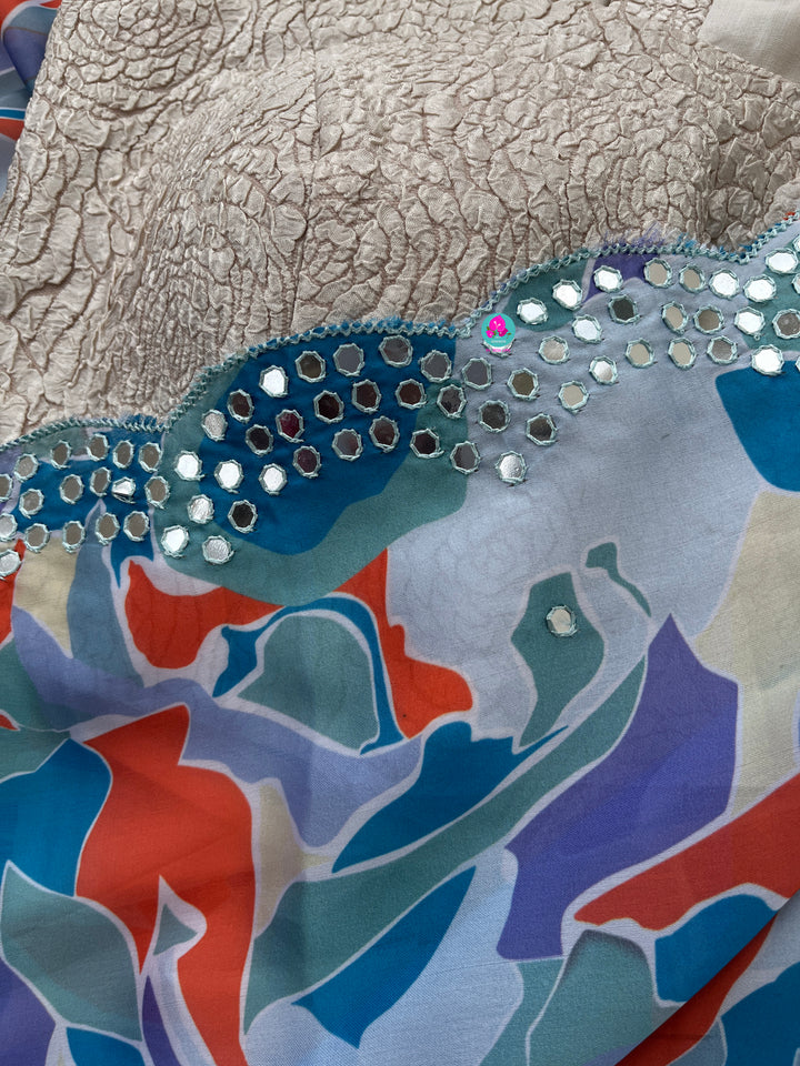 Blue saree with scaloped mirror border
