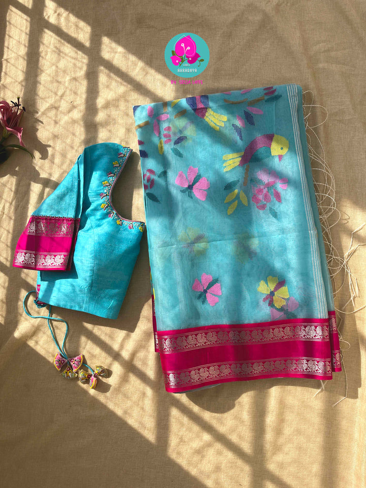 A Flutter of Joy: Light Blue Jamdhani & Kanchi Fusion Dream Saree