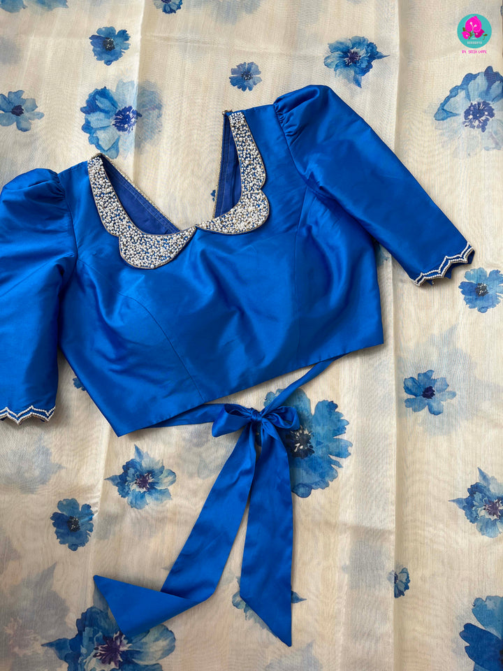 Offwhite semi tussar silk saree peter pan collared blouse