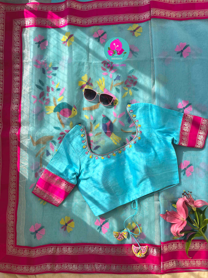 A Flutter of Joy: Light Blue Jamdhani & Kanchi Fusion Dream Saree