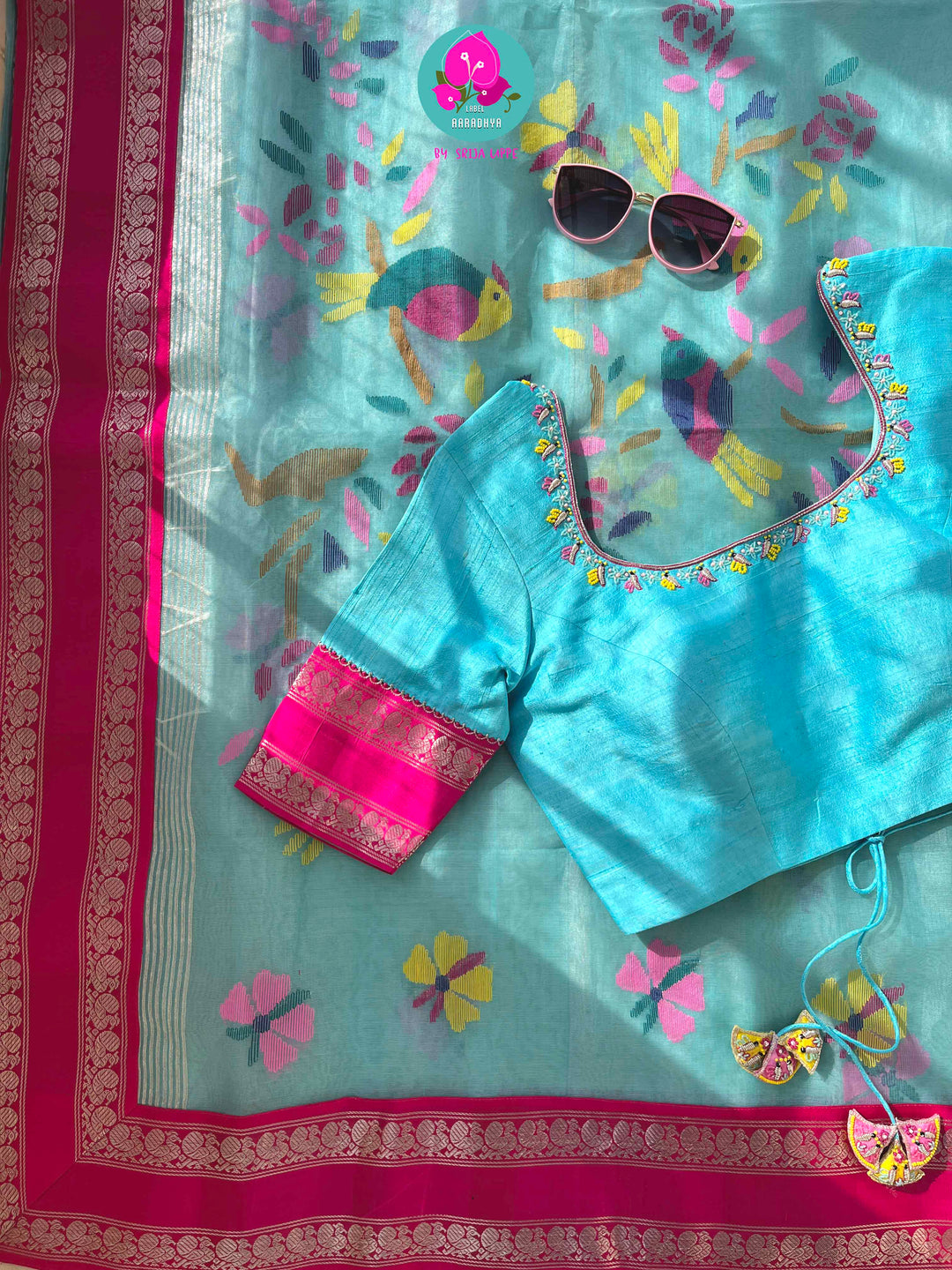 A Flutter of Joy: Light Blue Jamdhani & Kanchi Fusion Dream Saree