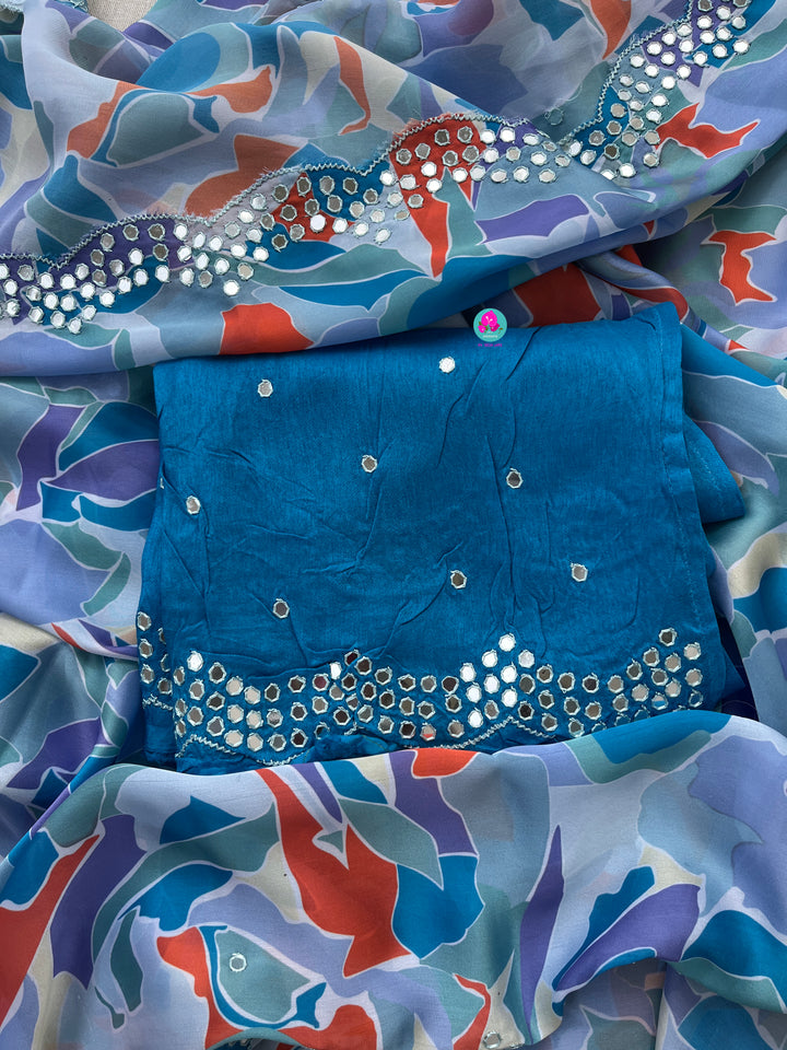 Blue saree with scaloped mirror border
