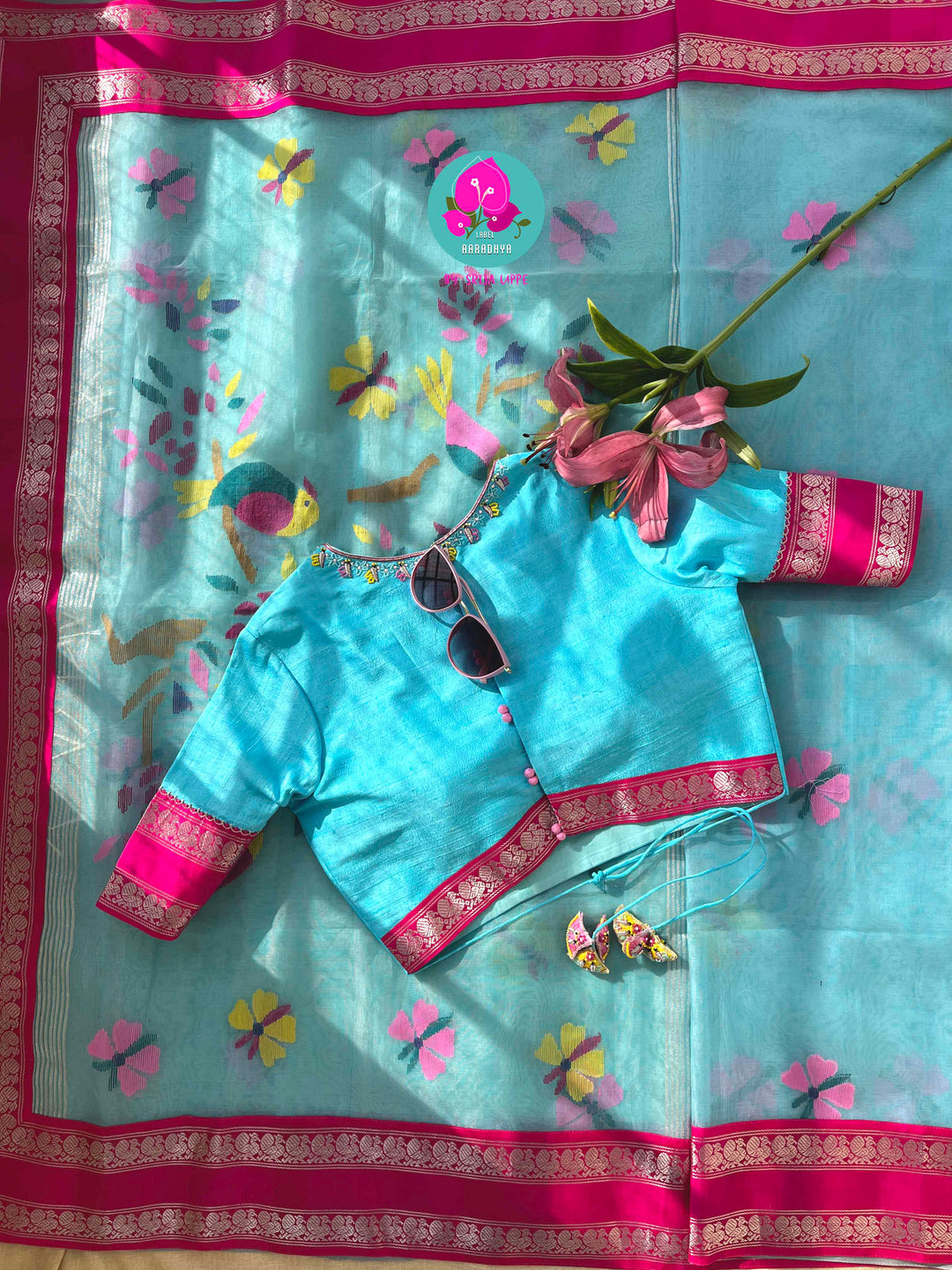 A Flutter of Joy: Light Blue Jamdhani & Kanchi Fusion Dream Saree