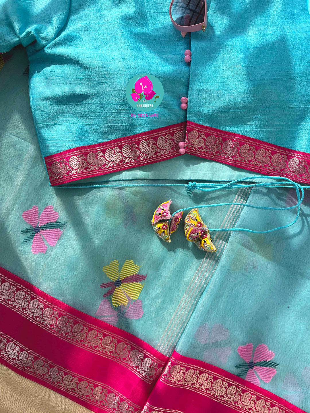 A Flutter of Joy: Light Blue Jamdhani & Kanchi Fusion Dream Saree