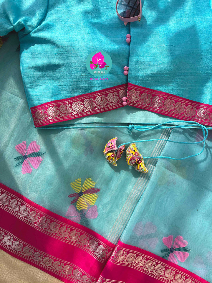A Flutter of Joy: Light Blue Jamdhani & Kanchi Fusion Dream Saree