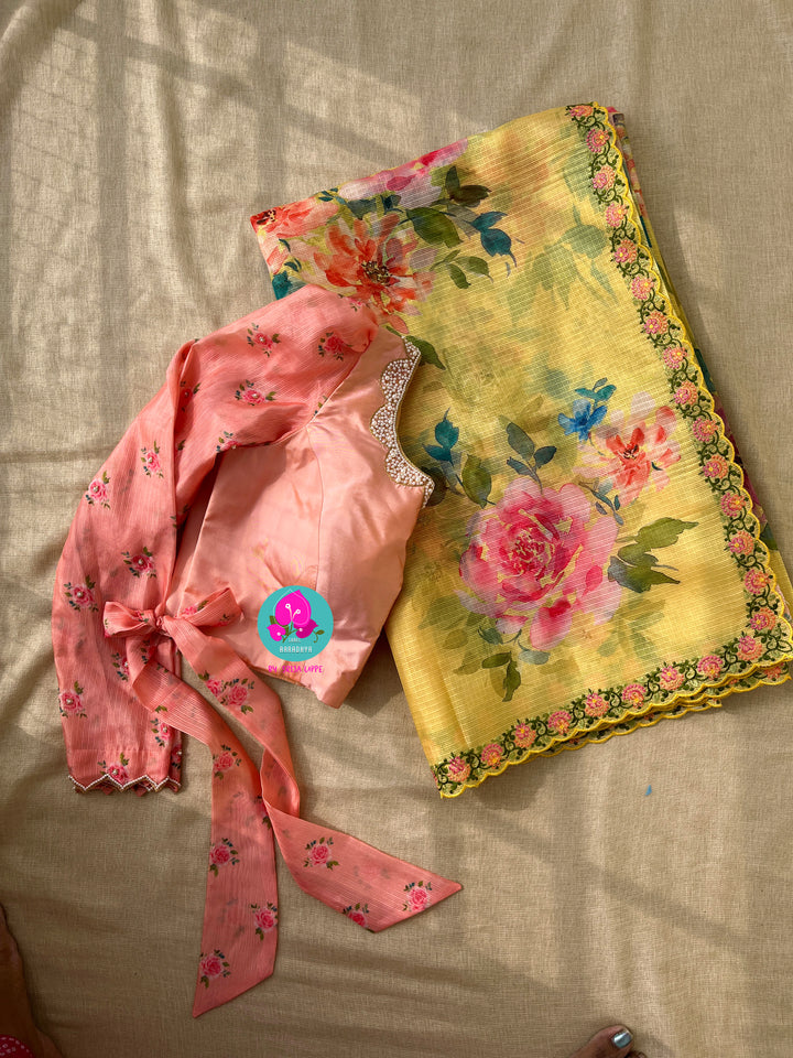 Premium quality yellow kota floral saree with hand embroidered blouse