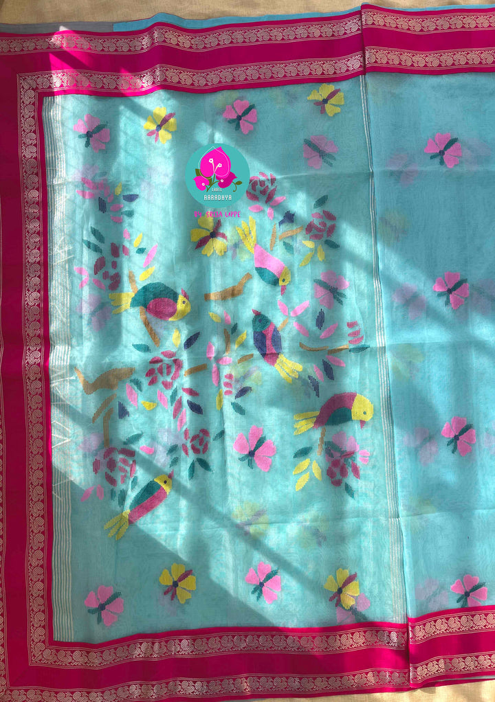 A Flutter of Joy: Light Blue Jamdhani & Kanchi Fusion Dream Saree