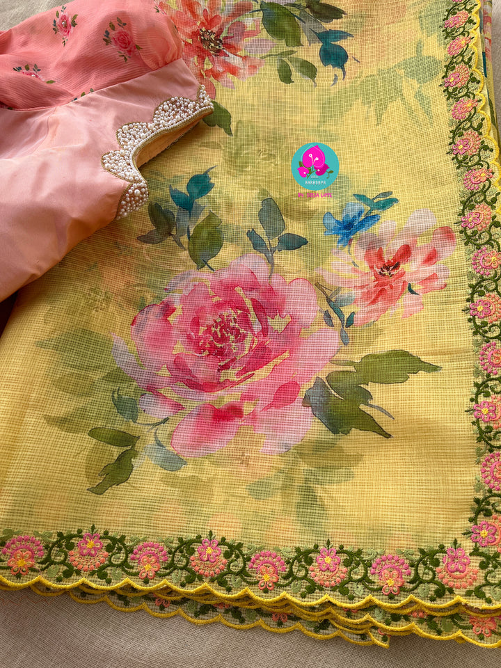 Premium quality yellow kota floral saree with hand embroidered blouse