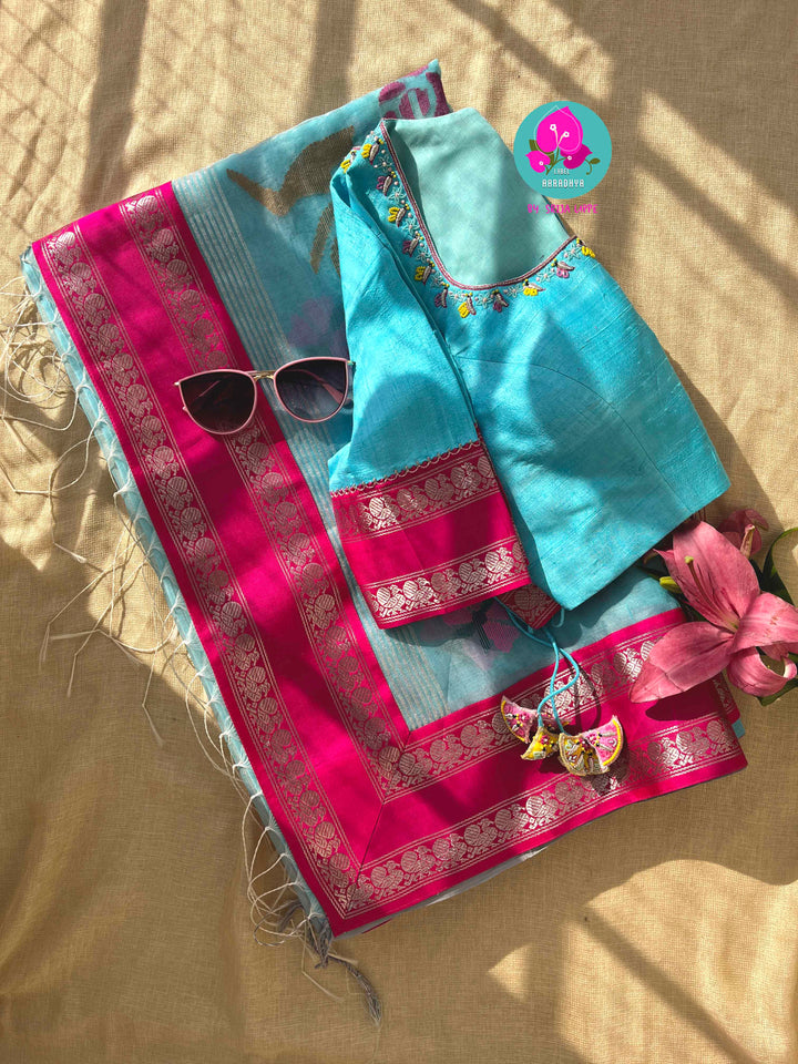 A Flutter of Joy: Light Blue Jamdhani & Kanchi Fusion Dream Saree