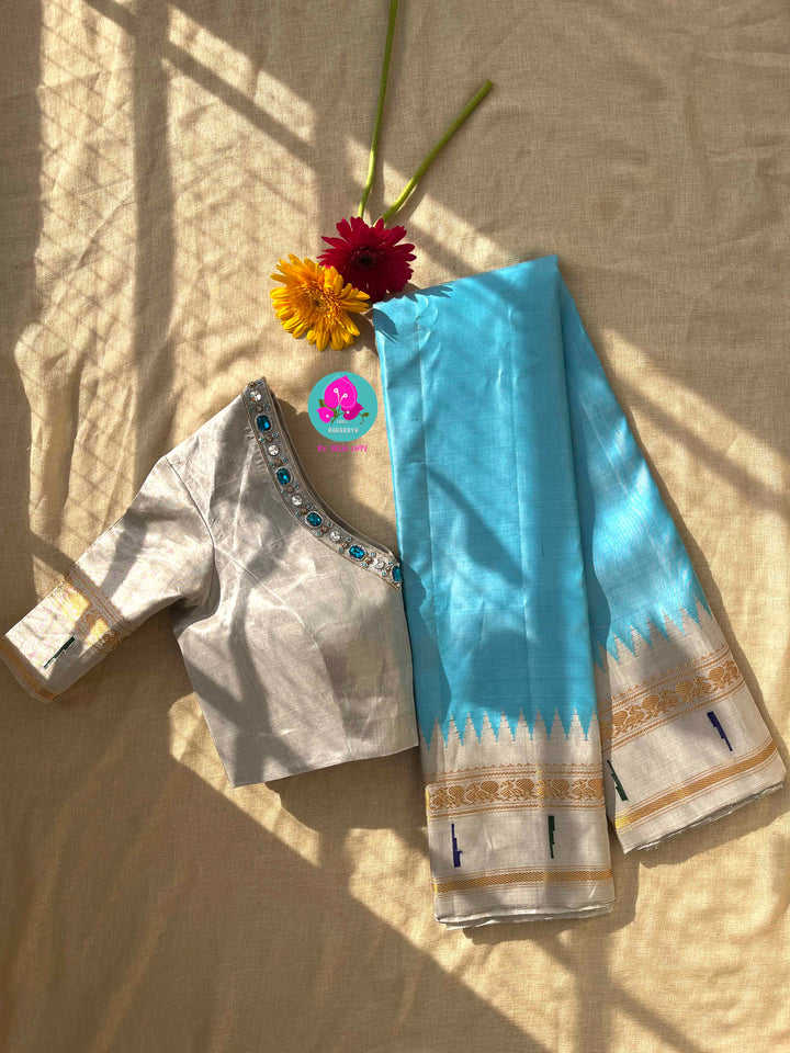 Light Blue Tissue Gadwal muniya border saree with Hand-Embellished Party Wear Detail
