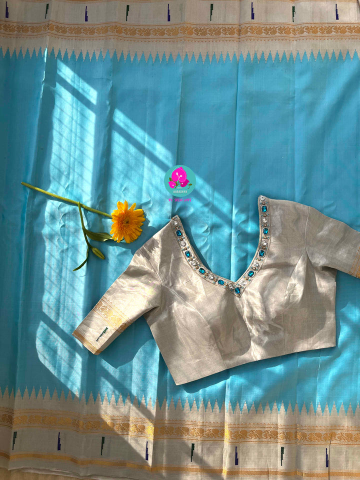 Light Blue Tissue Gadwal muniya border saree with Hand-Embellished Party Wear Detail