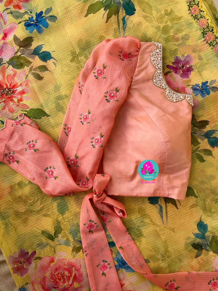 Premium quality yellow kota floral saree with hand embroidered blouse