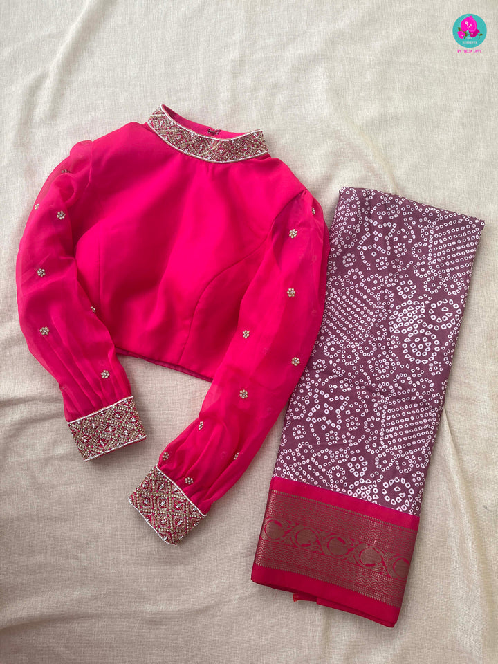 Pure Silk Bandhani printed saree with high neck blouse