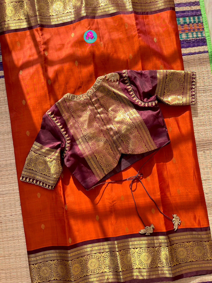 Pure Kanchipattu saree in vintage rust orange and brown border with hand embroidered blouse