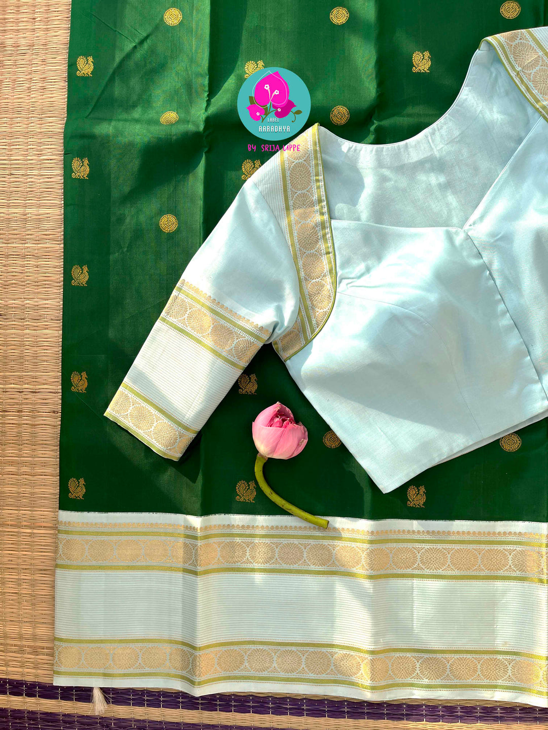 Forest Frost & Vintage Charm: Bottle Green Kanjivaram with Rare Ice Blue Border