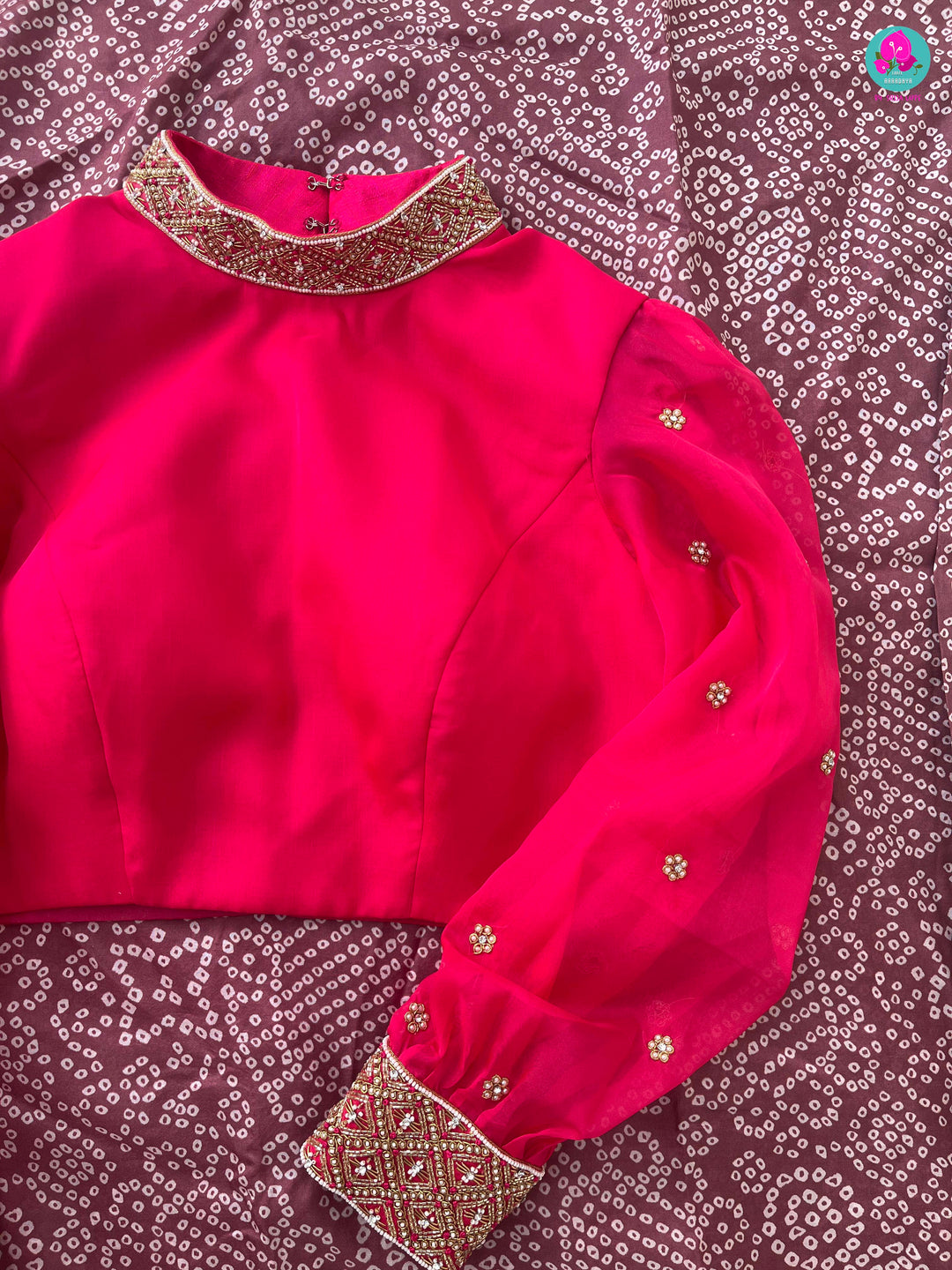 Pure Silk Bandhani printed saree with high neck blouse