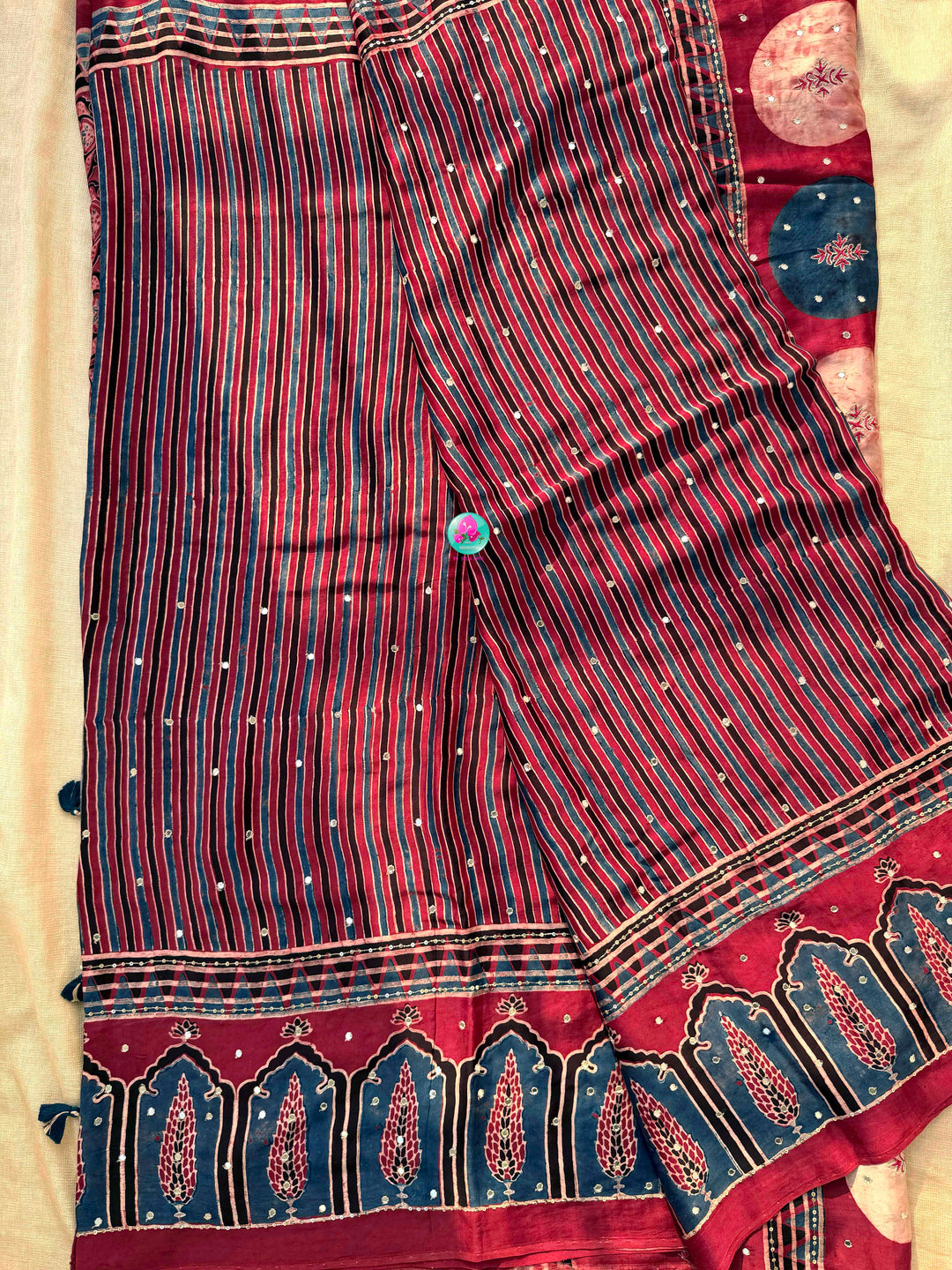 Indigo Geometry & Desert Stars: Pure Modal Silk Ajrakh with Hand-Worked Mirrors