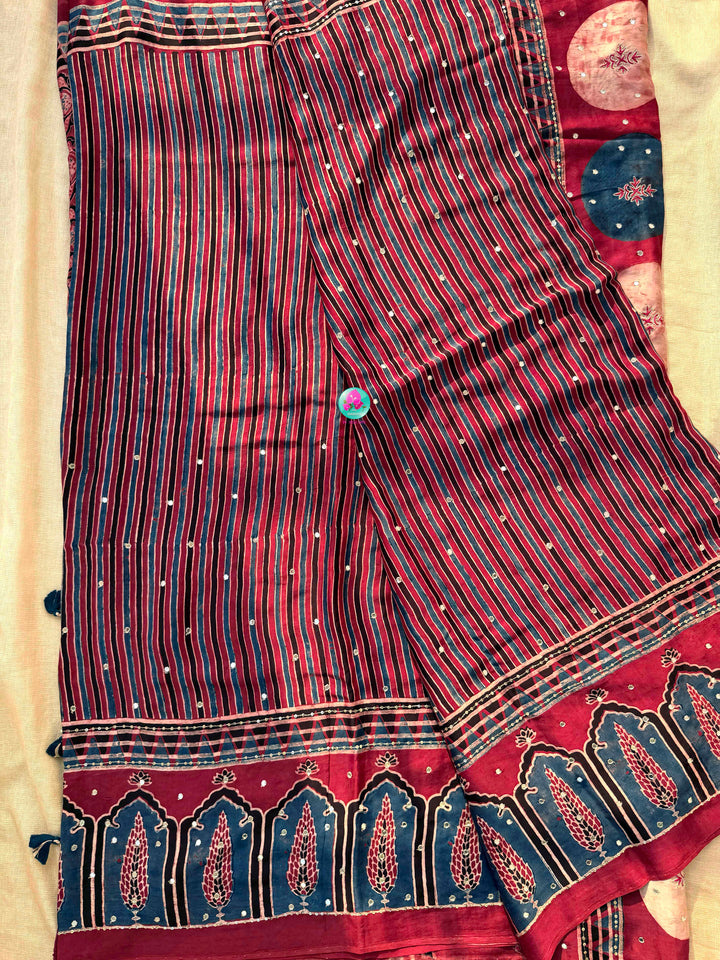 Indigo Geometry & Desert Stars: Pure Modal Silk Ajrakh with Hand-Worked Mirrors