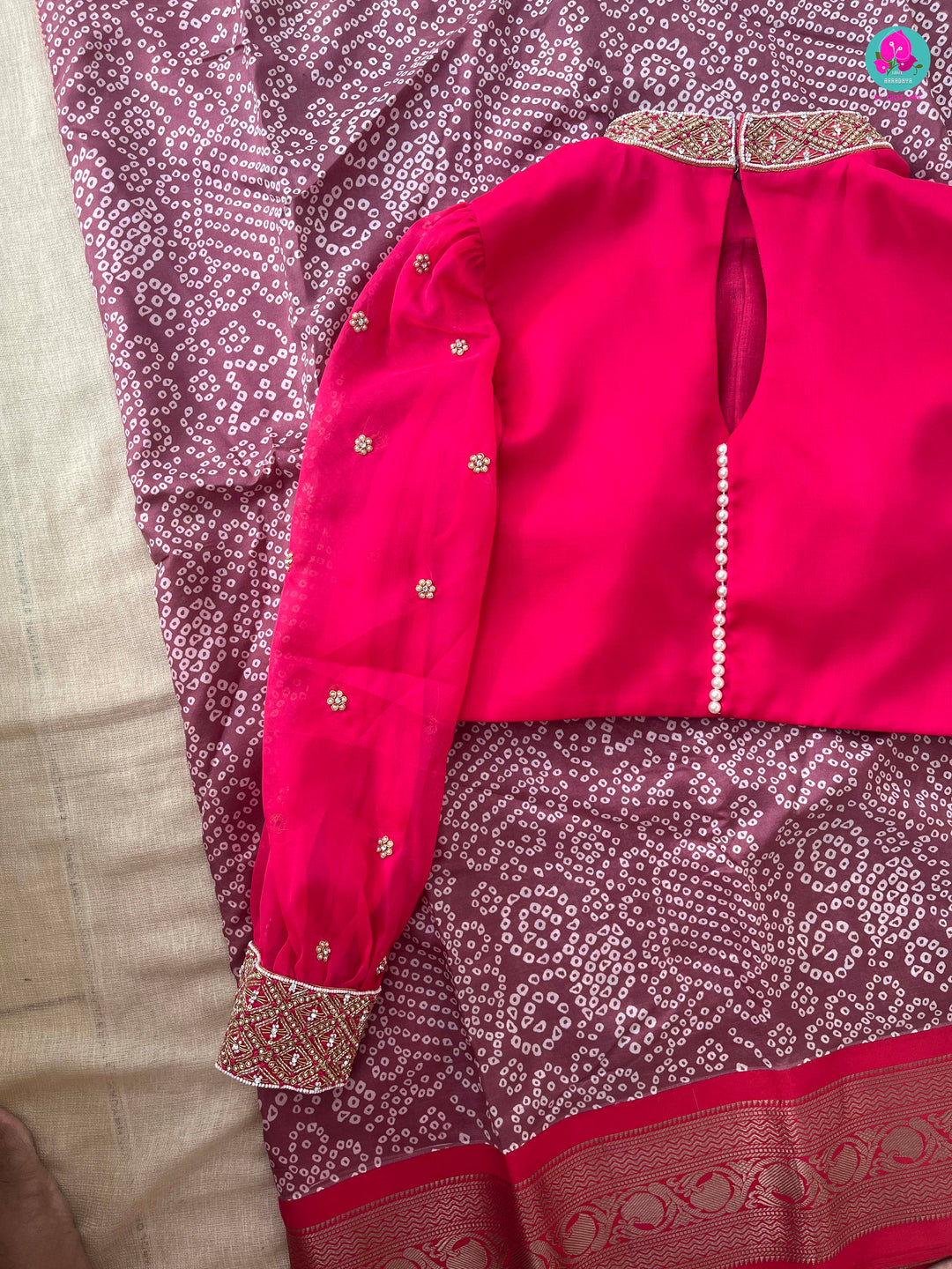 Pure Silk Bandhani printed saree with high neck blouse