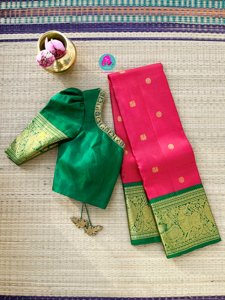 Vaira oosi Kanchipuram handloom saree in vintage Pink and Green with hand embroidered blouse