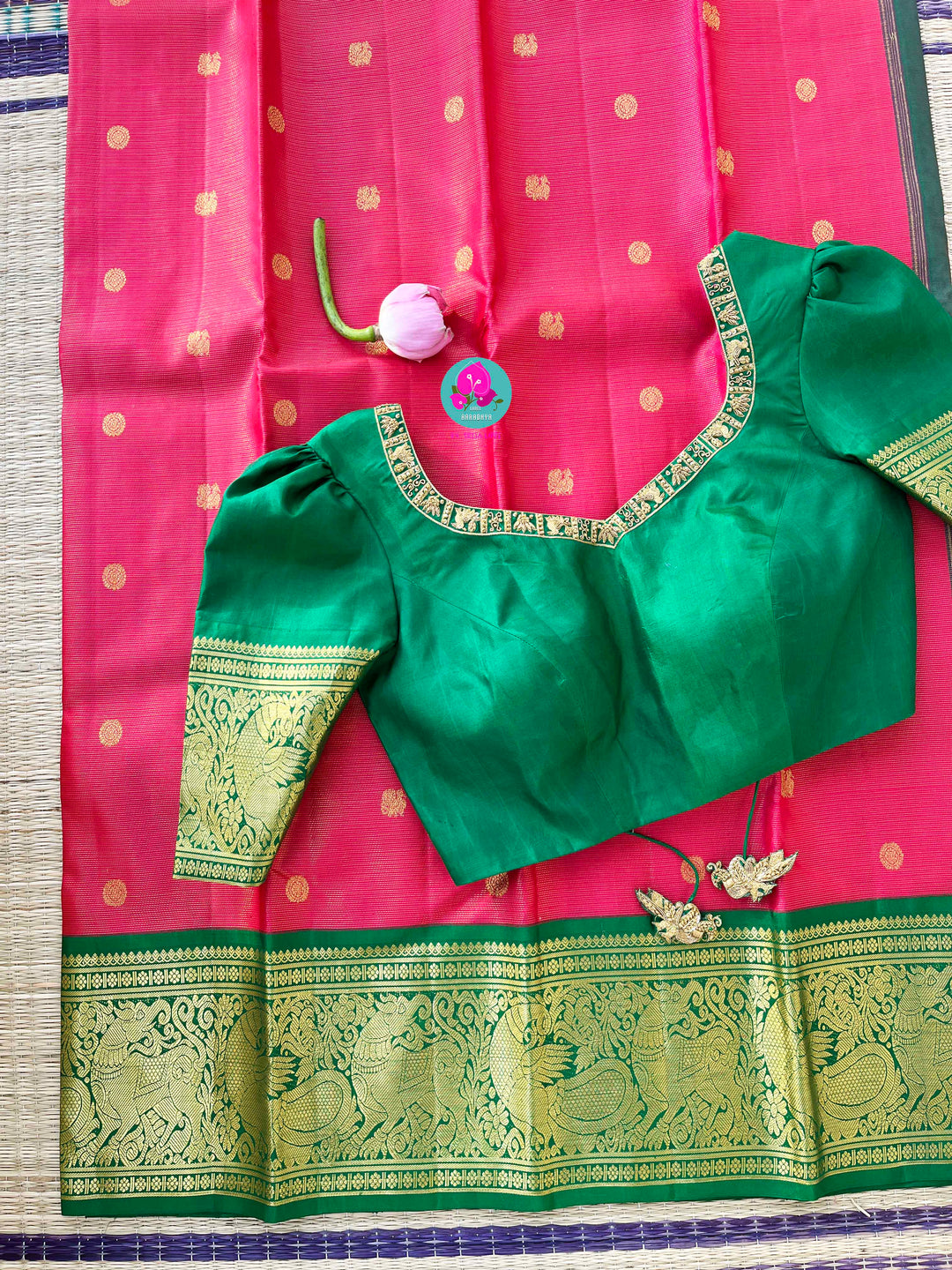 Vaira oosi Kanchipuram handloom saree in vintage Pink and Green with hand embroidered blouse
