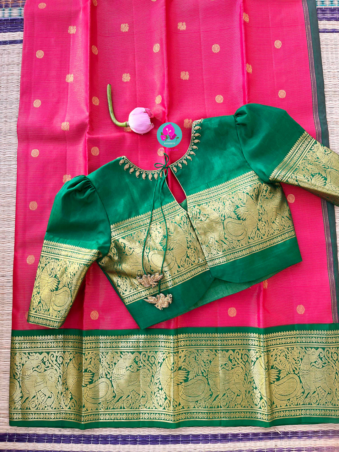 Vaira oosi Kanchipuram handloom saree in vintage Pink and Green with hand embroidered blouse