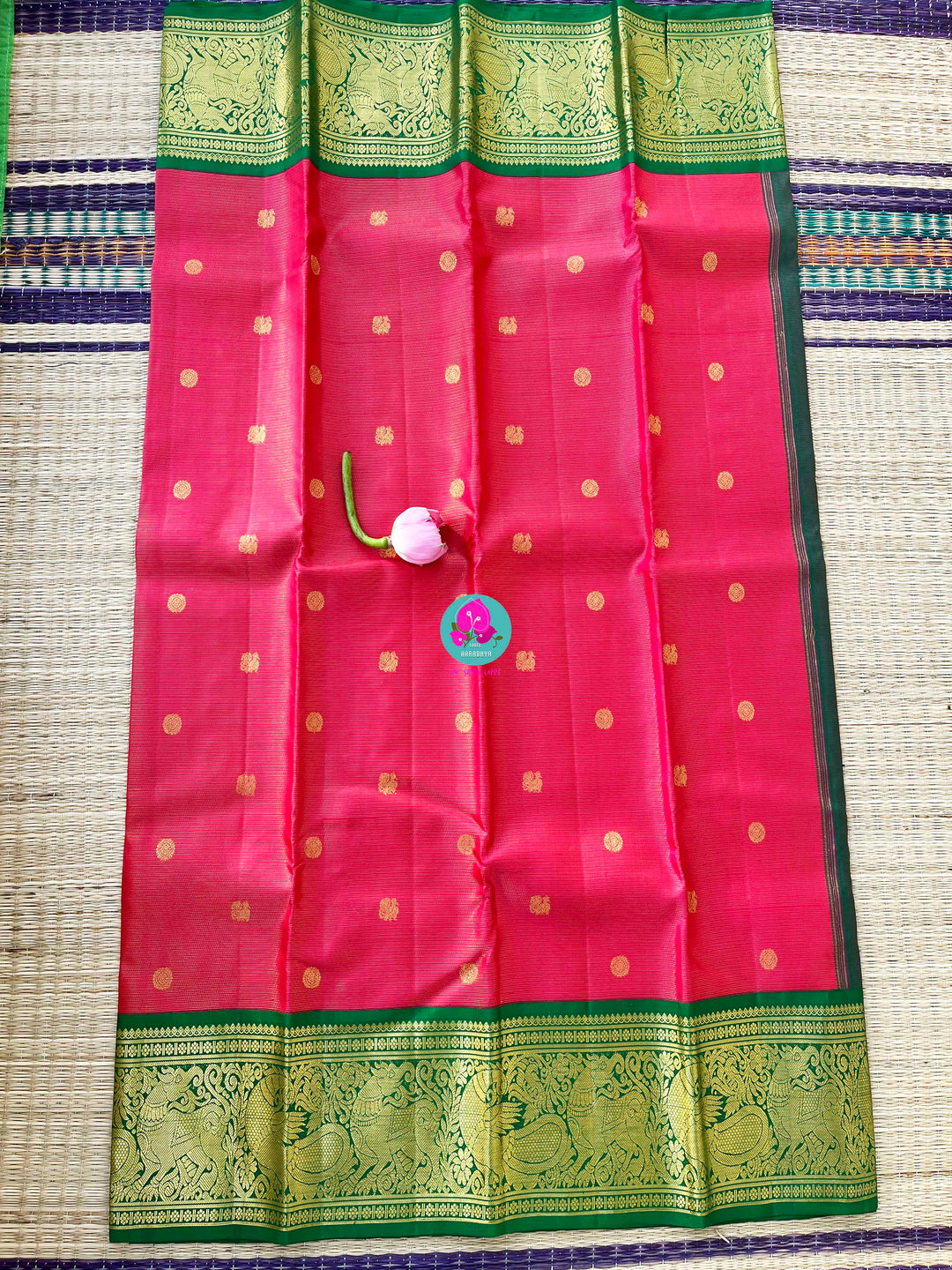 Vaira oosi Kanchipuram handloom saree in vintage Pink and Green with hand embroidered blouse