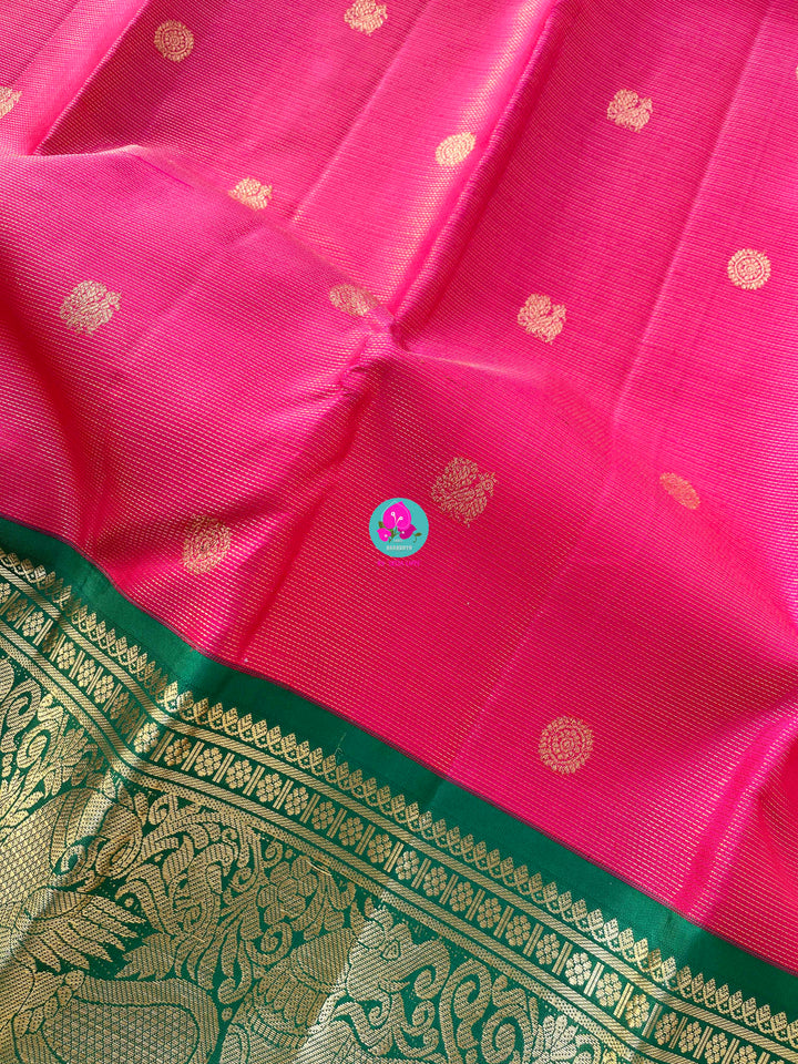 Vaira oosi Kanchipuram handloom saree in vintage Pink and Green with hand embroidered blouse