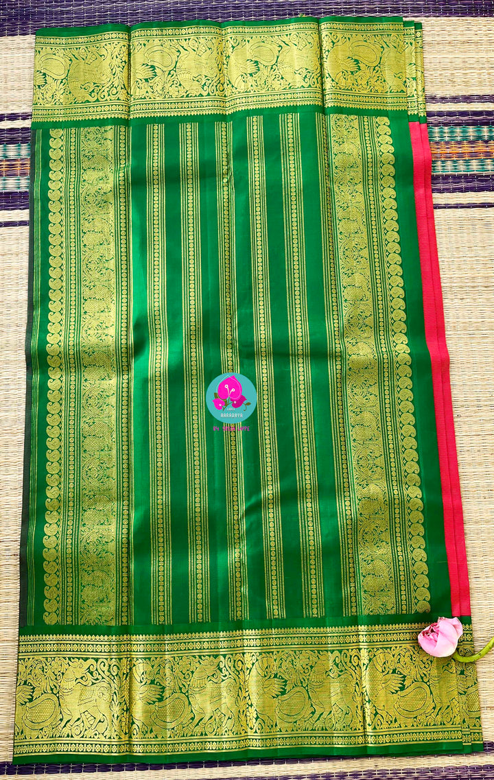 Vaira oosi Kanchipuram handloom saree in vintage Pink and Green with hand embroidered blouse