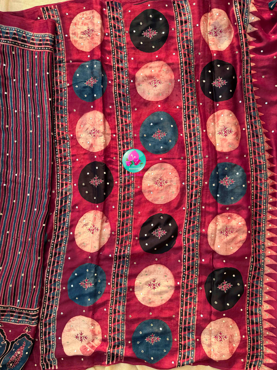 Indigo Geometry & Desert Stars: Pure Modal Silk Ajrakh with Hand-Worked Mirrors