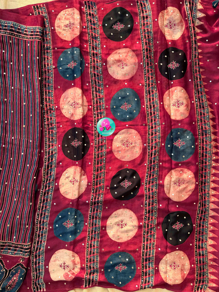 Indigo Geometry & Desert Stars: Pure Modal Silk Ajrakh with Hand-Worked Mirrors