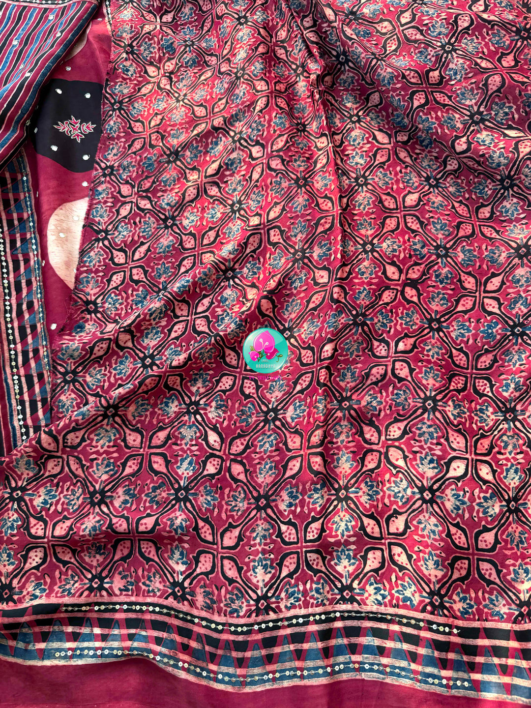 Indigo Geometry & Desert Stars: Pure Modal Silk Ajrakh with Hand-Worked Mirrors