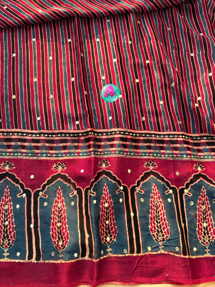 Indigo Geometry & Desert Stars: Pure Modal Silk Ajrakh with Hand-Worked Mirrors