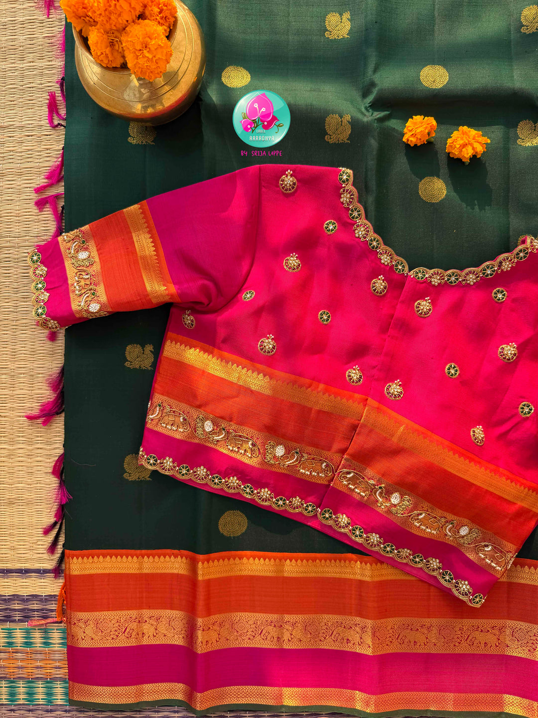Emerald Celestial: Bottle Green Kanjivaram with Surya-Chandrulu Artistry