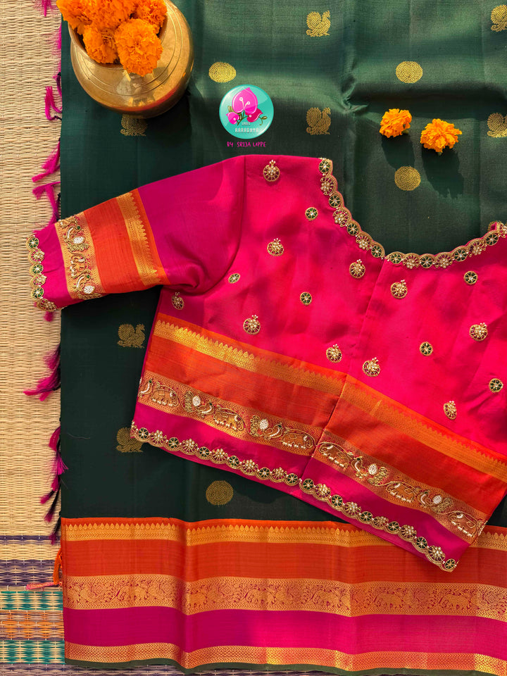 Emerald Celestial: Bottle Green Kanjivaram with Surya-Chandrulu Artistry