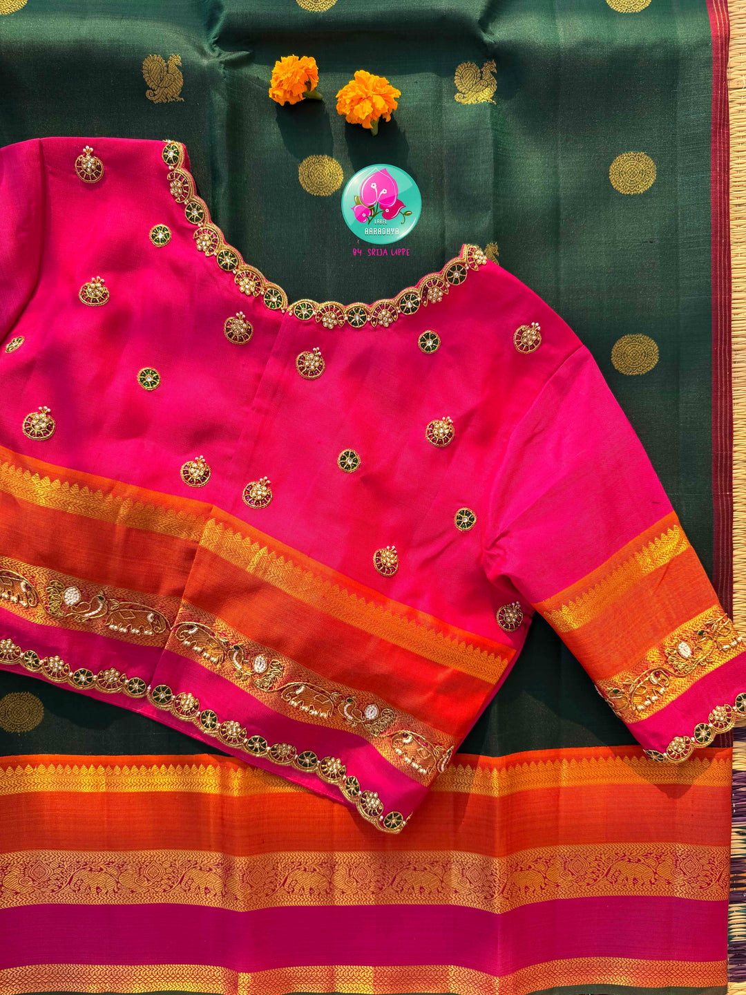 Emerald Celestial: Bottle Green Kanjivaram with Surya-Chandrulu Artistry