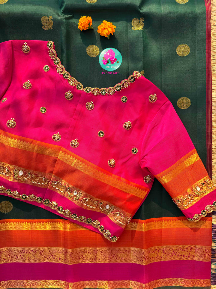Emerald Celestial: Bottle Green Kanjivaram with Surya-Chandrulu Artistry