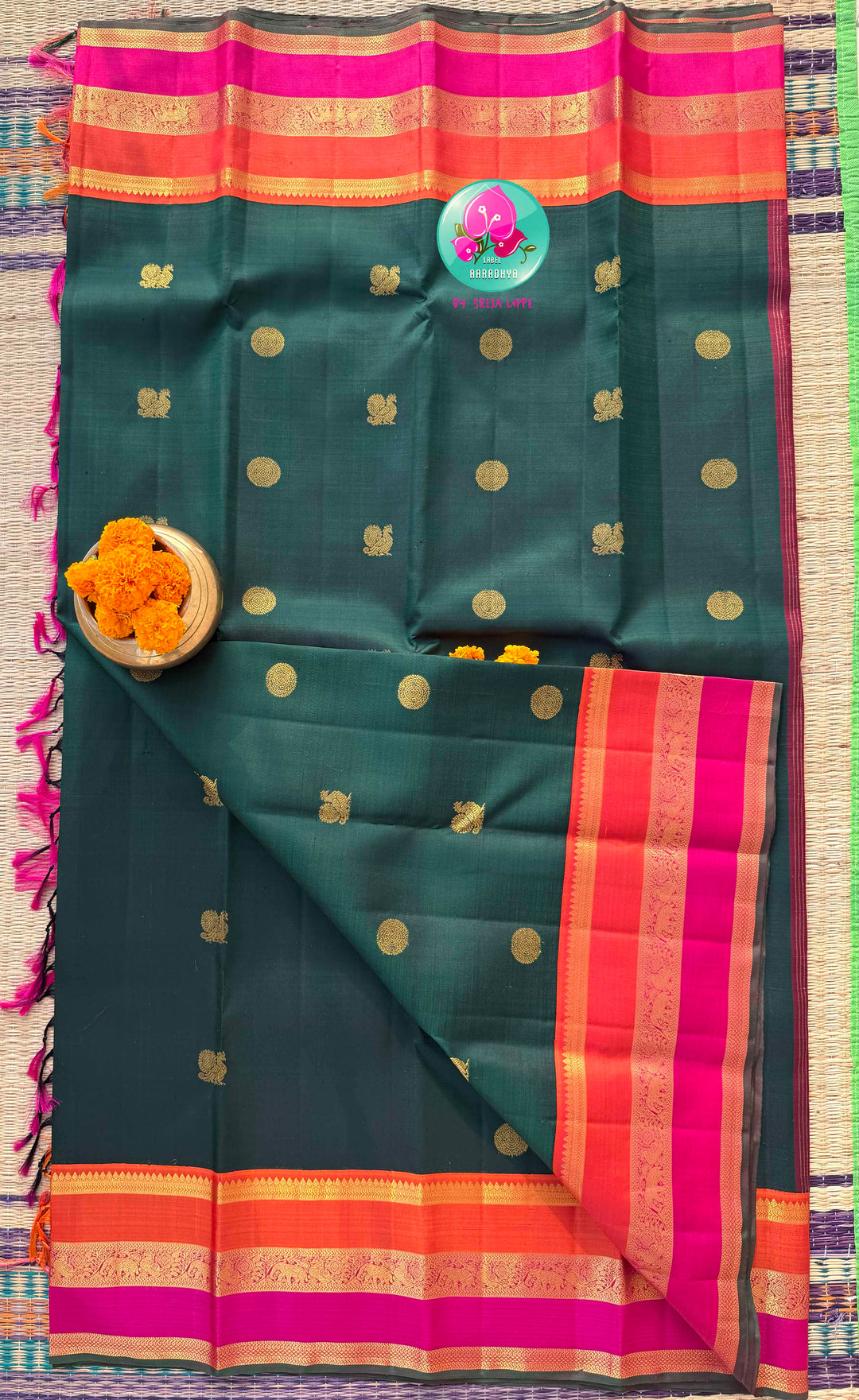 Emerald Celestial: Bottle Green Kanjivaram with Surya-Chandrulu Artistry