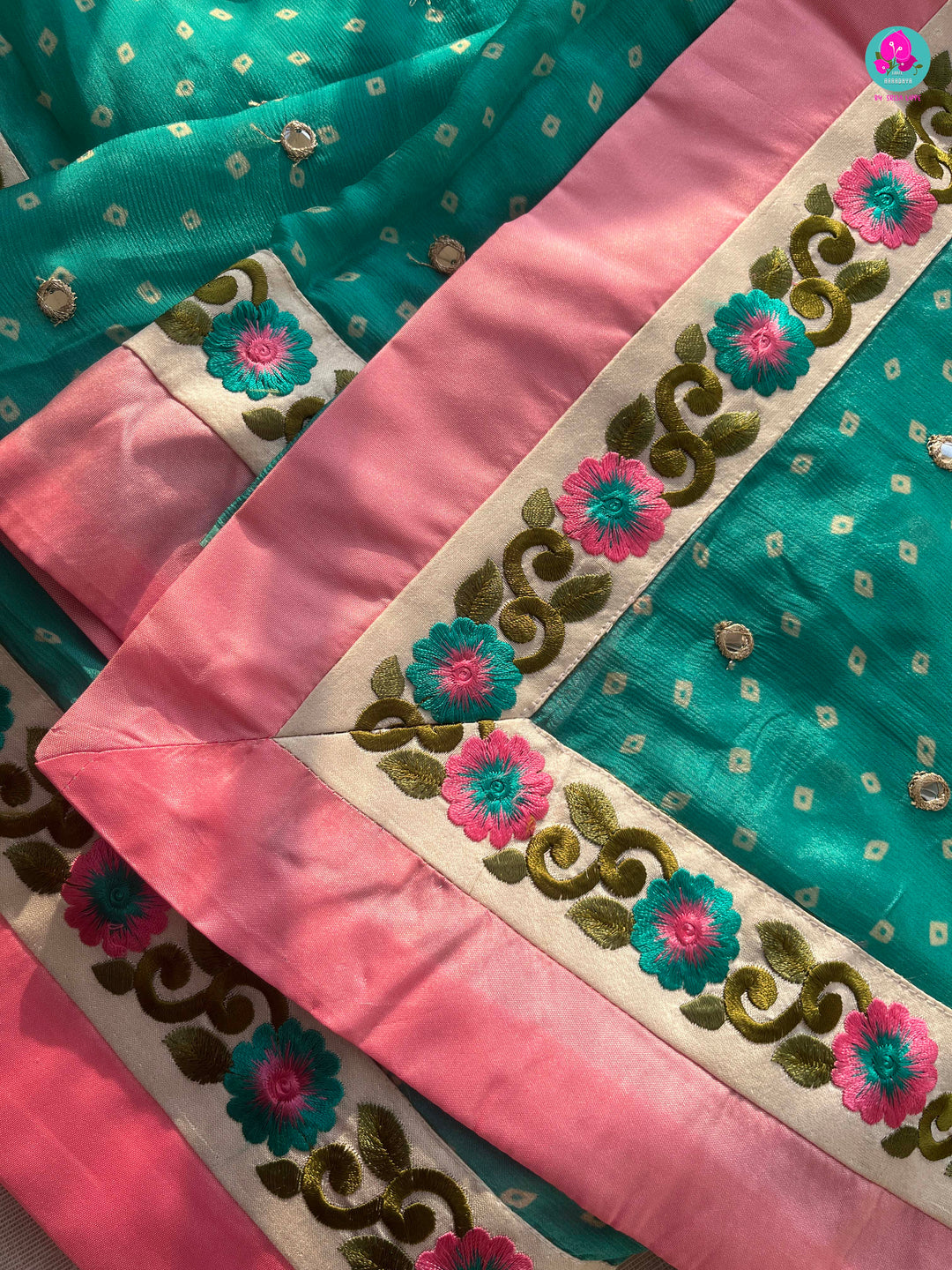 Mirror worked chiffon saree with floral embroidered border & Blouse