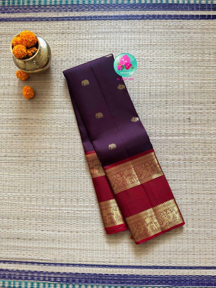 Earth & Fire: Dark Brown Kanchipattu Saree with Crimson Gap Border