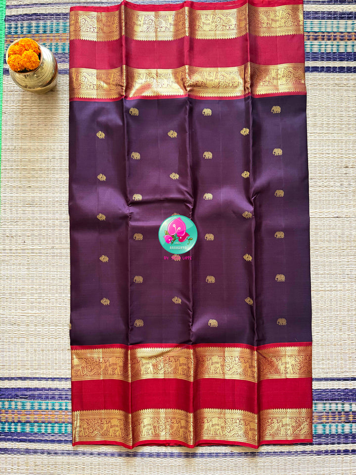 Earth & Fire: Dark Brown Kanchipattu Saree with Crimson Gap Border