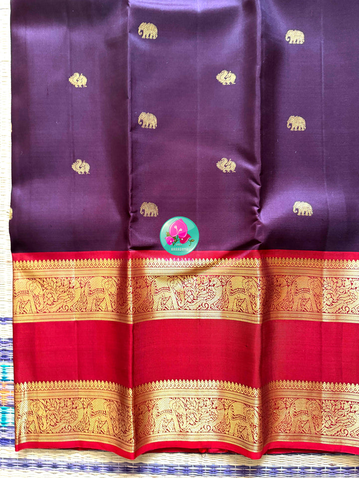 Earth & Fire: Dark Brown Kanchipattu Saree with Crimson Gap Border