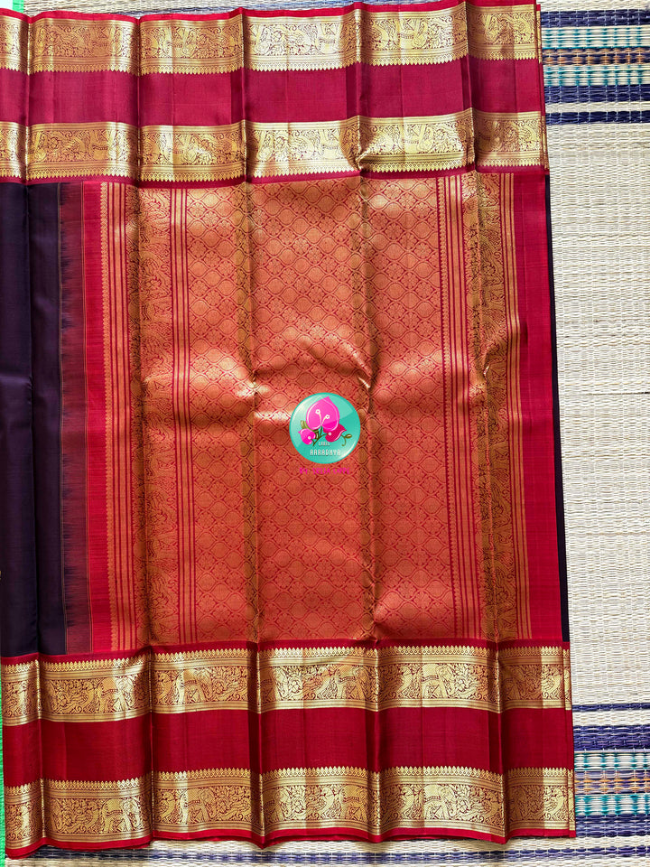 Earth & Fire: Dark Brown Kanchipattu Saree with Crimson Gap Border